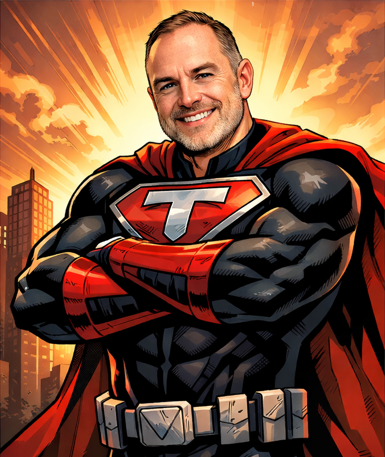 Superhero-style portrait of Travis